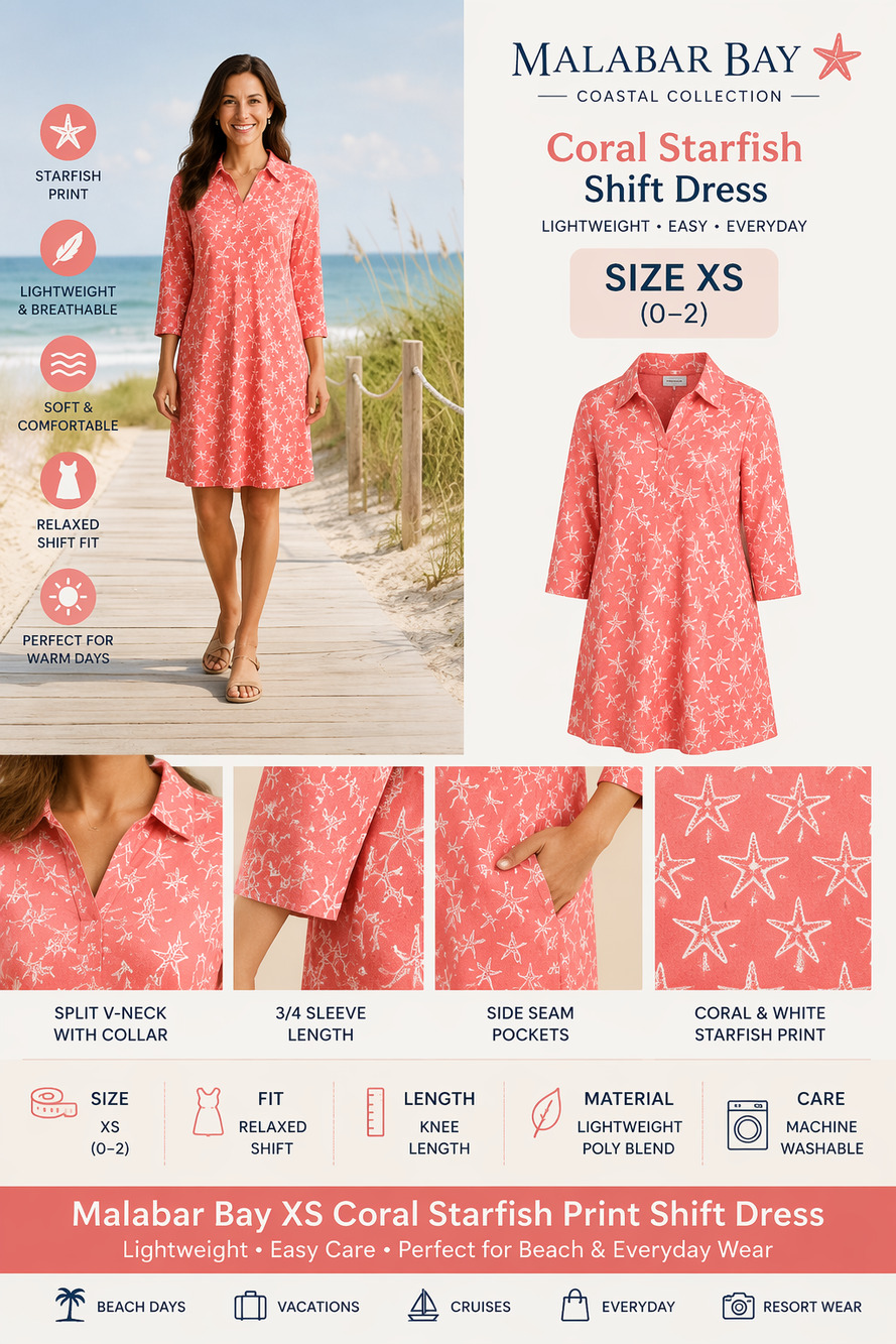 Malabar Bay XS Coral Starfish Print Shift Dress 3/4 Sleeve Beach Resort Casual